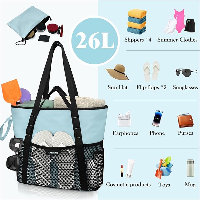 Large Beach Bag with Zipper-8 Pockets Sandproof Beach Tote Bag for Women,Foldable Lightweight Family Swim Bag Vacation