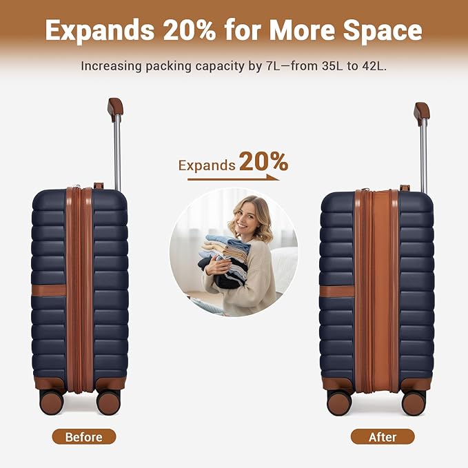 Kono Expandable Carry On Luggage 22x14x9 Airline Approved with Spinner Wheels, 20 Inch Durable PC+ABS Hardshell Travel Suitcase Rolling Luggage with Lock, Navy/Brown