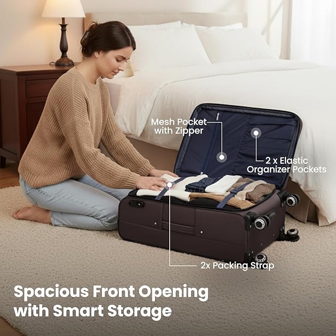 30'' Large Softside Suitcase,Expandable 15% Luggage,w/Double Spinner Wheels w/Combination LOCK,Lightweight Travel Suitcase for Travel（Coffee,30in）