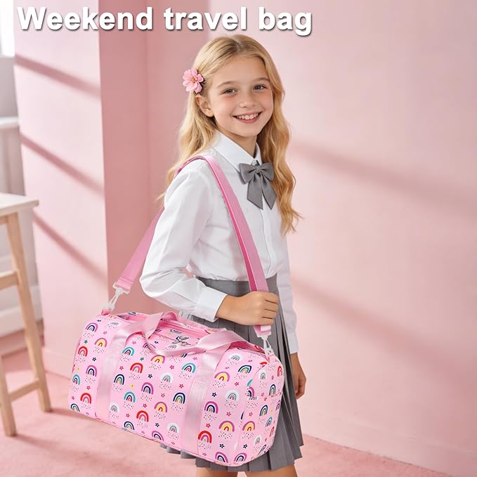 Gym Bag Sports Duffle Bag with Wet Pocket Weekender Overnight Bags with Waterproof Shoe Pouch and Air Hole for Girls Kids Women Workout Travel Bags (Rainbow)