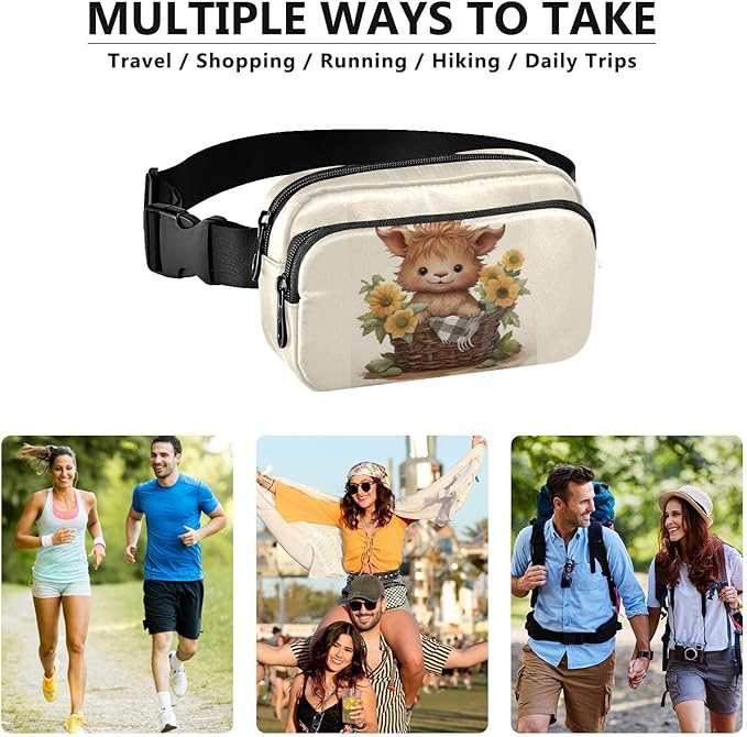 Kawaii Highland Cow Sunflowers Basket Fanny Pack for Women Men Water Resistant Fashion Waist Packs with Adjustable Strap Belt Bag for Travel Workout Jogging Hiking 21218102