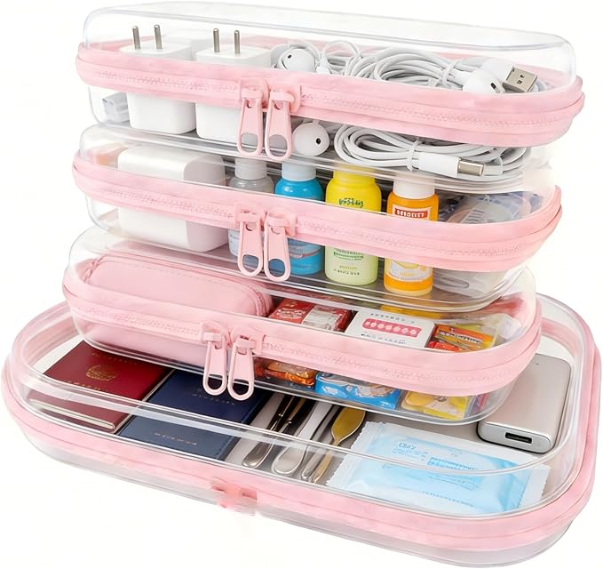 4Pcs/3S+1M Clear Hard Shell Zippered Travel Case – Plastic Organizer Pouch for Toiletries, Cosmetic Bag, Diaper Bag & Packing Accessories (Pink, Set B)