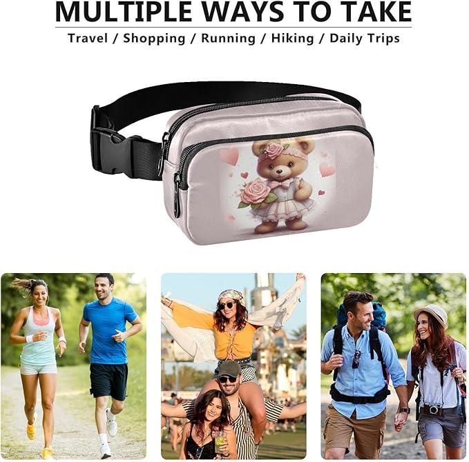 Valentine Teddy Bear Flowers Bow Fanny Pack for Women Men Water Resistant Fashion Waist Packs with Adjustable Strap Belt Bag for Travel Workout Jogging Hiking 21218083