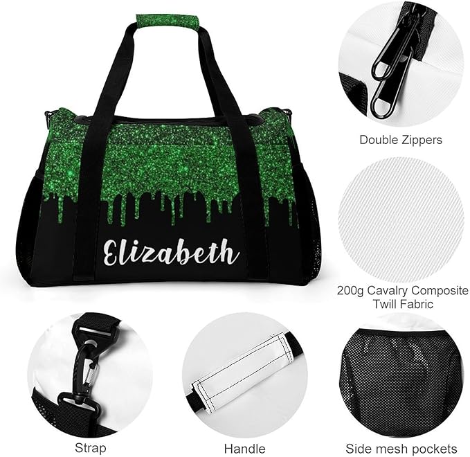 Green Black Sparkle Glitter Print Waterproof Duffel Bag Gym Dance Sport Perform Training Travel Bag for Teens Adults Women Men Multifunctional Backpack