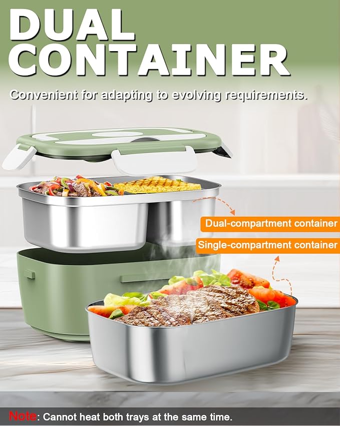 Electric Lunch Box for Men, Women & Adults - 80W Fast Heating - Heated Lunch Box with Dual 1.5L SS Containers - Portable Food Warmer for Car, Truck, Office