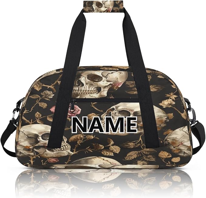 Skull Mini Gym Bag 18 inch for Women Men Waterproof Custom Vintage Floral Skull Gothic Travel Duffel Bag Carry On Overnight Tote Nurse Bag for Work Fitness Hiking