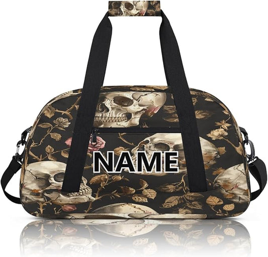 Skull Mini Gym Bag 18 inch for Women Men Waterproof Custom Vintage Floral Skull Gothic Travel Duffel Bag Carry On Overnight Tote Nurse Bag for Work Fitness Hiking