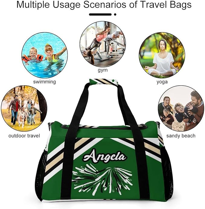 Duffle Bag, Personalized Name Green Cheer Cheerleaders Stripes Pom Travel Bag, Lightweight Gym Training Sports Bags Custom Unisex Gifts for Men Women