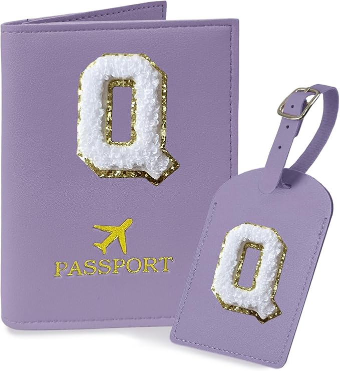 COSHAYSOO Purple Initial Passport Cover Holder and Luggage Tag Set TSA Approved with Chenille Letter Patch for Women Teenage Girls, Fashion Travel Bag Backpacks Suitcase Identifier Markers (Q)