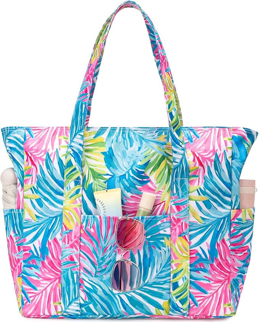 Octsky Large Beach Bags for Women - Waterproof Sandproof Beach Tote with Dual Zipper and Wet Pocket - 3 Outside Pockets