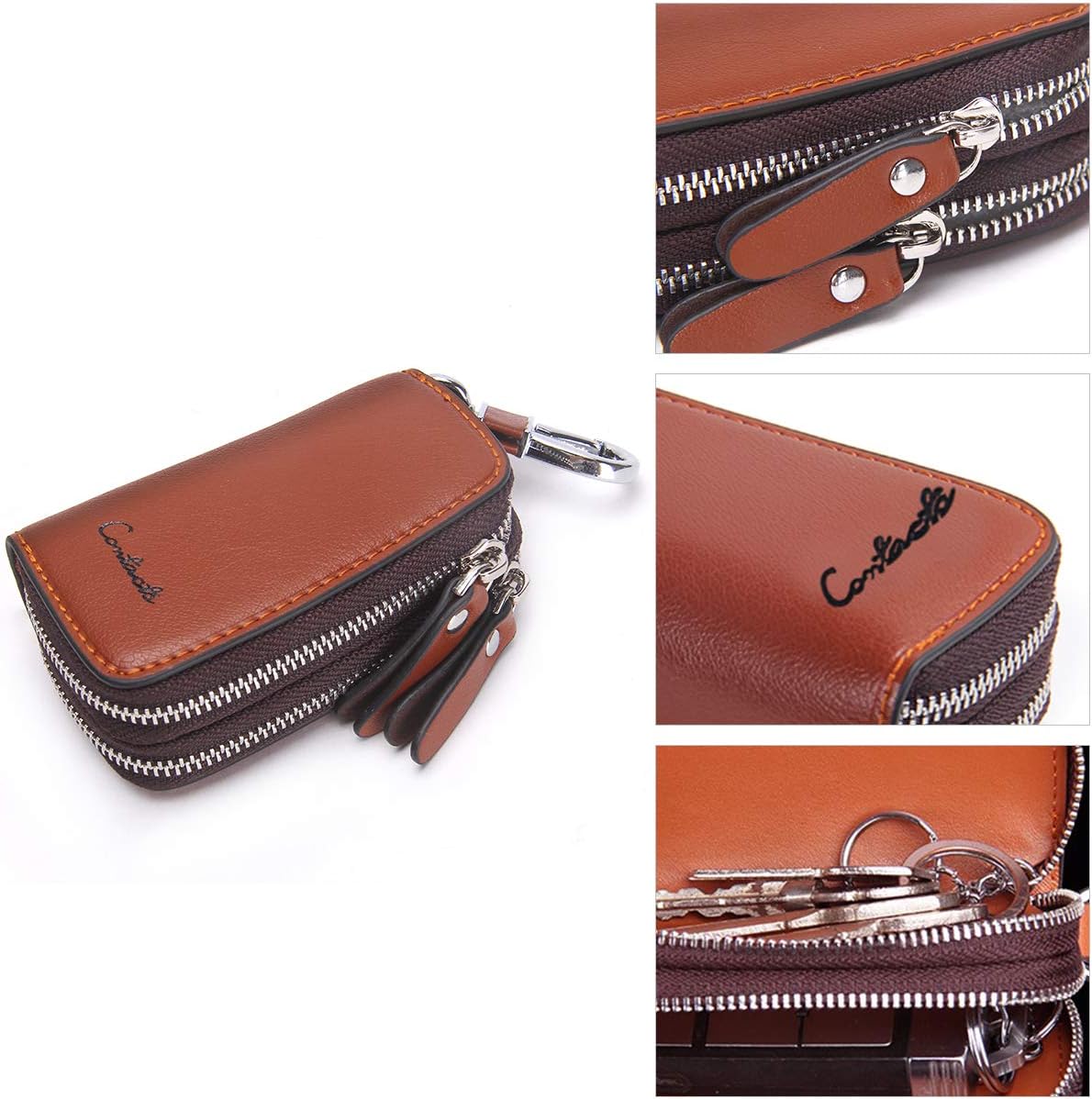CONTACTS Car Key Case Small Leather Double Zipper Key Holder with 4 Keyrings Keys Organizer for Men Women