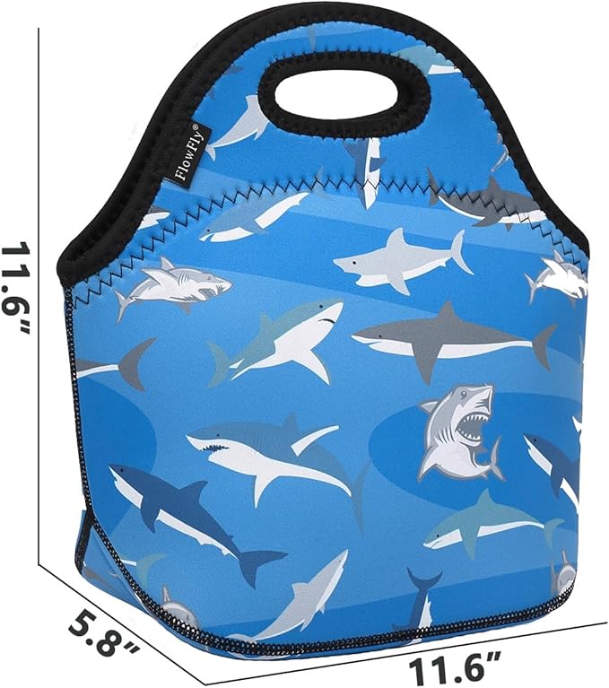 FlowFly Neoprene Kids Lunch box Insulated Soft Bag Mini Cooler Thermal Meal Tote Kit for Boys, Girls,Men,Women,School,Work, Office, Shark