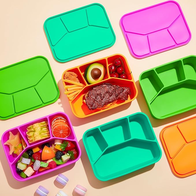 4 Pcs Silicone Bento Box Reusable Lunch Container Smooth Leak Proof Lunch Box Rectangle Bento Boxes for Adult Work Travel Food Meal Compartment Storage, 4 Colors (Brilliant Color)