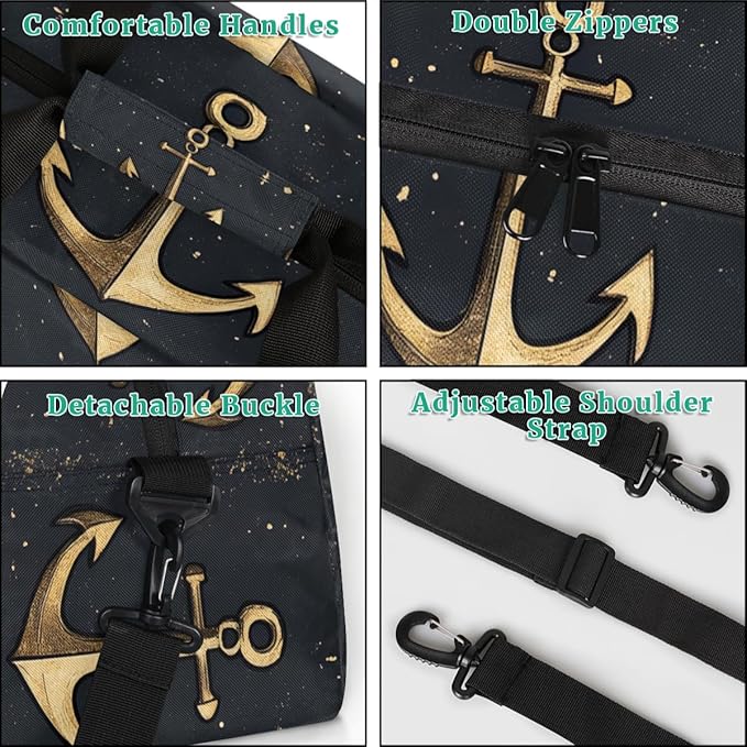 Golden Anchor Gym Travel Duffle Bag for Women & Men with Front Zipper Pocket for Sports, Overnight, Weekender, Carry On,Workout & Dance Bag,Black Ocean Anchor,18.9 * 8.7 * 10.6 in