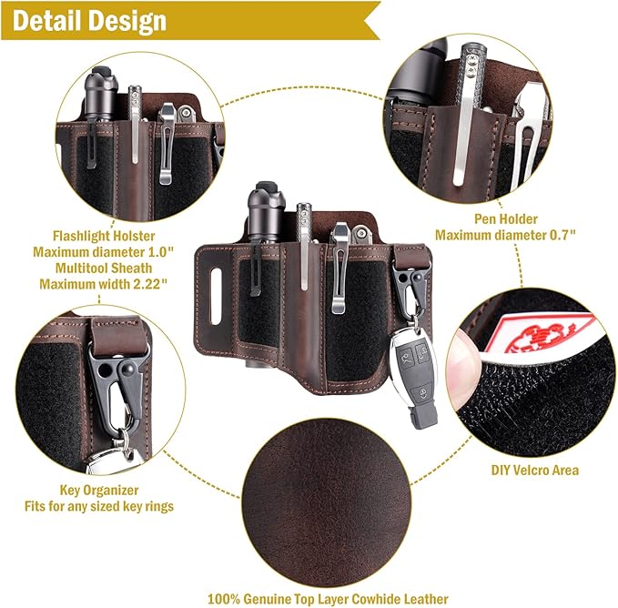 VIPERADE PL3 Multitool Sheath, Leather Sheath with DIY Patch Area, EDC Pocket Organizer for Men, Leatherman Sheath Flashlight Holder with Pen Holder, EDC Belt Organizer with Key Holder (A-Dark Brown)