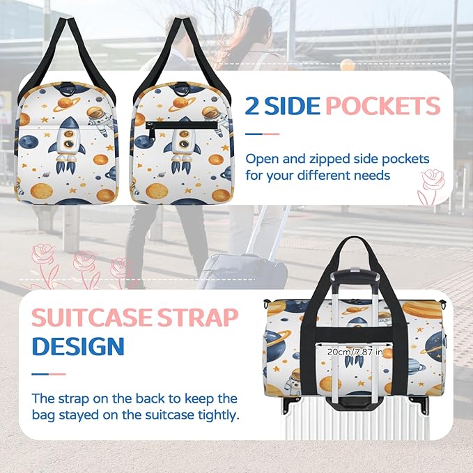 Astronaut Rocket Travel Duffle Bag for Women Men, Overnight Weekender Bag, Carry on Tote for Sport Gym