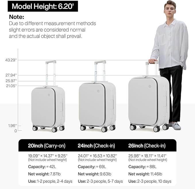mixi 26 Inch Large Checked Luggage PC Hard Shell Suitcase Top Opening Aluminum Frame Travel Suitcases with Wheels, Smoke White