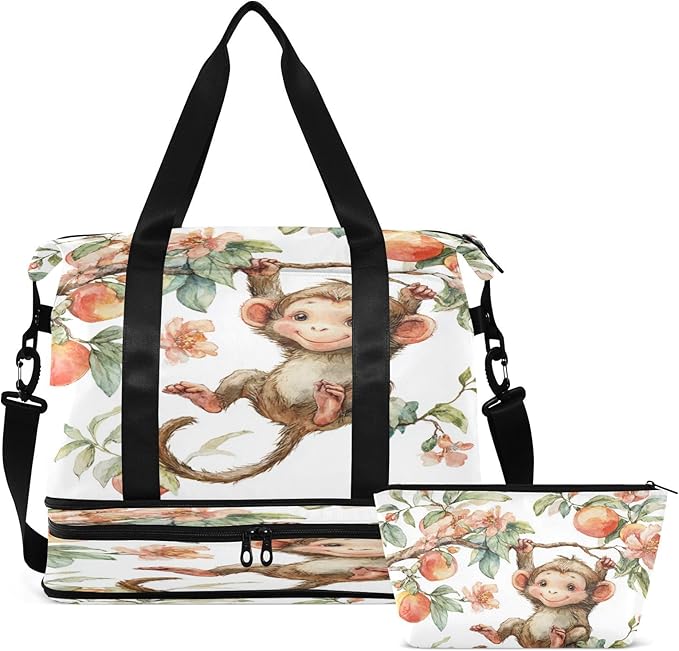Travel Duffel Bags for Women Watercolor Monkey with Peach & Flower Sports Duffel Bags Gym Bags with Shoes Compartment Tote Bag Weekender Bag for Travelling