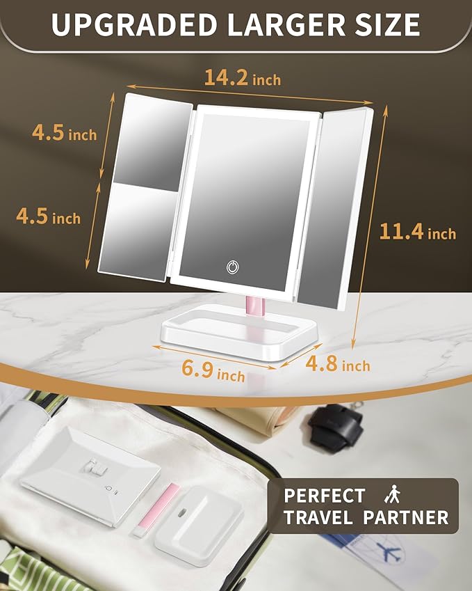 Rechargeable Makeup Mirror with Lights, 14.4" L x 9.1" W Lighted Vanity Mirror Tabletop 3X/2X/1X Magnification