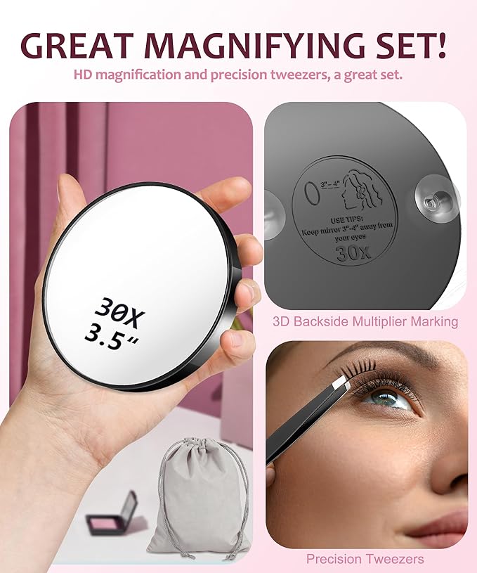Magnifying Mirror 20X&30X&40X 3Packs with Tweezer and Suction Cups Set, 3.5 Inches Compact Travel Magnified Mirror-Black