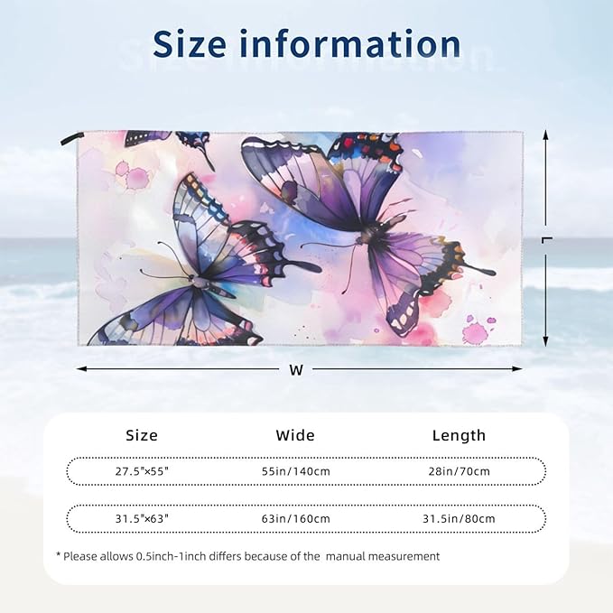 Watercolor Butterflies Sand Free Beach Towel – 27.5"X55" Quick Dry Microfiber Beach Towels For Travel, Swimming, Pool, And Camping, Absorbent And Compact Beach Essential For Women, And Men