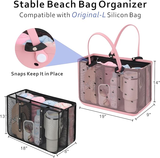 F-color Beach Bag Organizer Insert Compatible with Silicon Bag Original Large, Mesh Tote Liner with 10 Pockets & Adjustable Handle, Lightweight Divider Pouch for Beach Accessories Organizing, Black