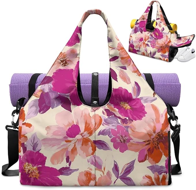 Vintage Floral Duffle Bag Women with Shoe Compartment and Yoga Mat Holder Pink Sports Duffel Bag with Wet Pockets for Women, Stylish Portable Fitness Sport Tote Bag