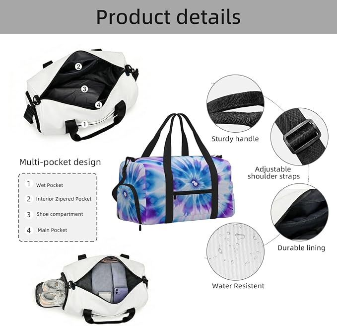 Sports Gym Bag Blue Purple Tie Dye Mandala Flower Travel Duffel Bag With Shoe Compartment Shoulder Strap, Lightweight Water-Resistant Weekend Overnight Totes For Women Men