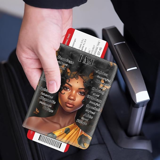 Passport Holder Women Wallet with Luggage Tag, Leather Passport Cover with RFID Blocking, Travel Accessories Multi Card Slot Passport Case for Men，African American Girl