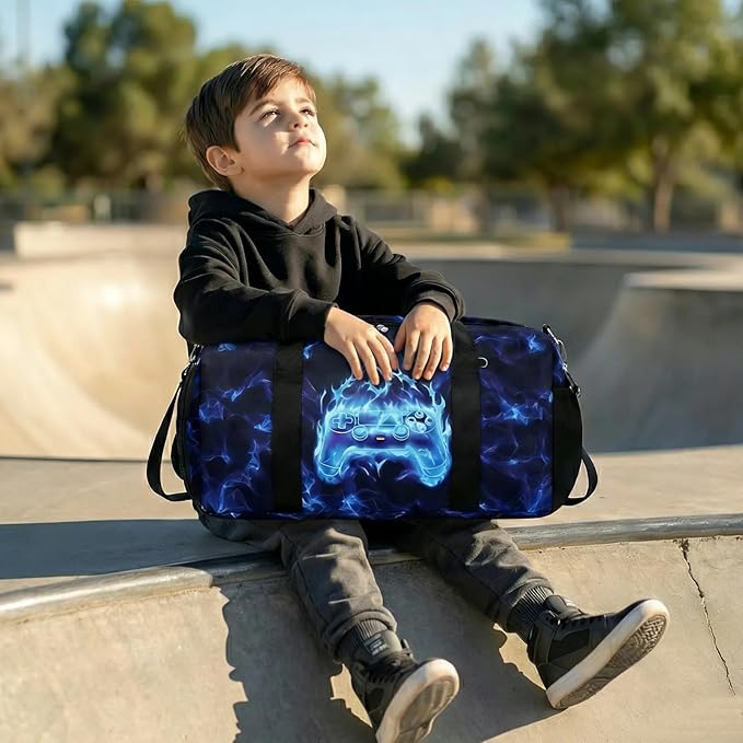 Duffle Bag for Boys Sport Gym Bag with Wet Pocket Shoes Compartment for Teen Boys Luminous Blue Flame Game Travel Bag Dance Bag