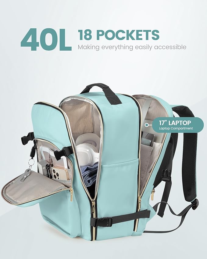 LOVEVOOK Travel Backpack for Women & Men 40L,Airline Approved Carry On Backpack Travel Essentials,TSA Carry on Luggage,Waterproof Personal Item Travel Bag,Suitcase with 3 Packing Cube,Mint green-Black