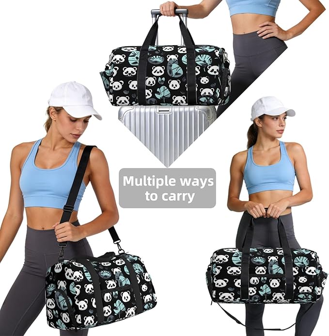 Black and white panda face Print Gym Bag with Shoe Compartment for Women Men, 17.7in Sports Duffle Weekender Tote, Overnight Travel Duffel Bag Carry On