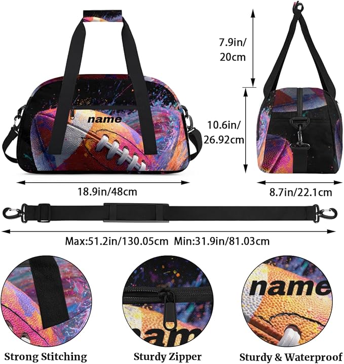 Personalized Boys Gym Bags, Custom Name Sport Bags for Training Travel Overnight Weekender Graffiti Rugby