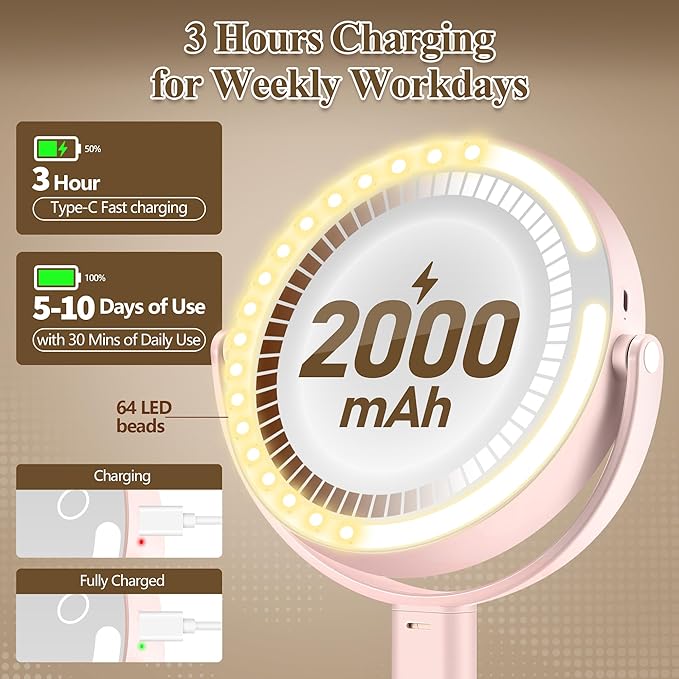 Makeup Mirror with Lights, Double Sided 1x/30x Magnifying Mirror with Light, Rechargeable 3 Color Lights and Adjustable Brightness, 360° Rotation Detachable Comes with Tweezer(Blush-30X)