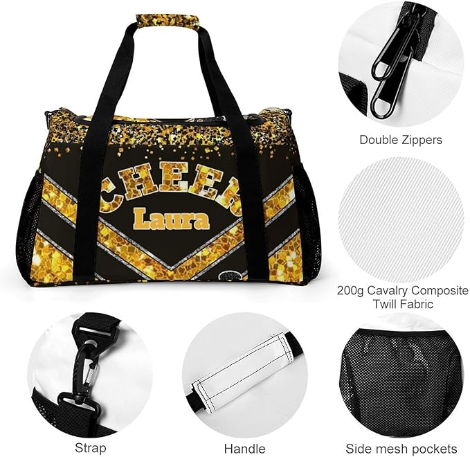 Personalized Cheer Bag Gifts for Girls Sport Cheerleading Gym Travel Duffel Bag Overnight Weekender Bags with Name (Golden)