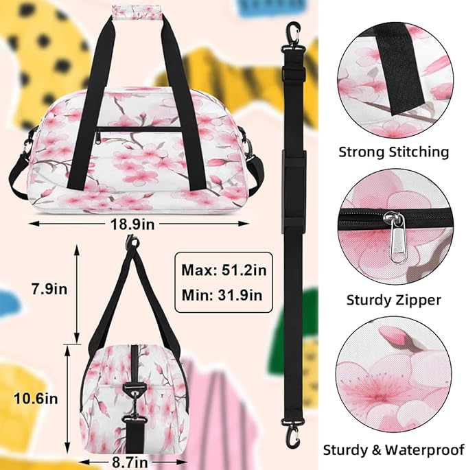 Duffle Bag for Women Men, Pink Cherry Blossoms In Spring Gym Bag for Travel Sports, Lightweight Waterproof Weekender Overnight Bags with Adjustable Strap
