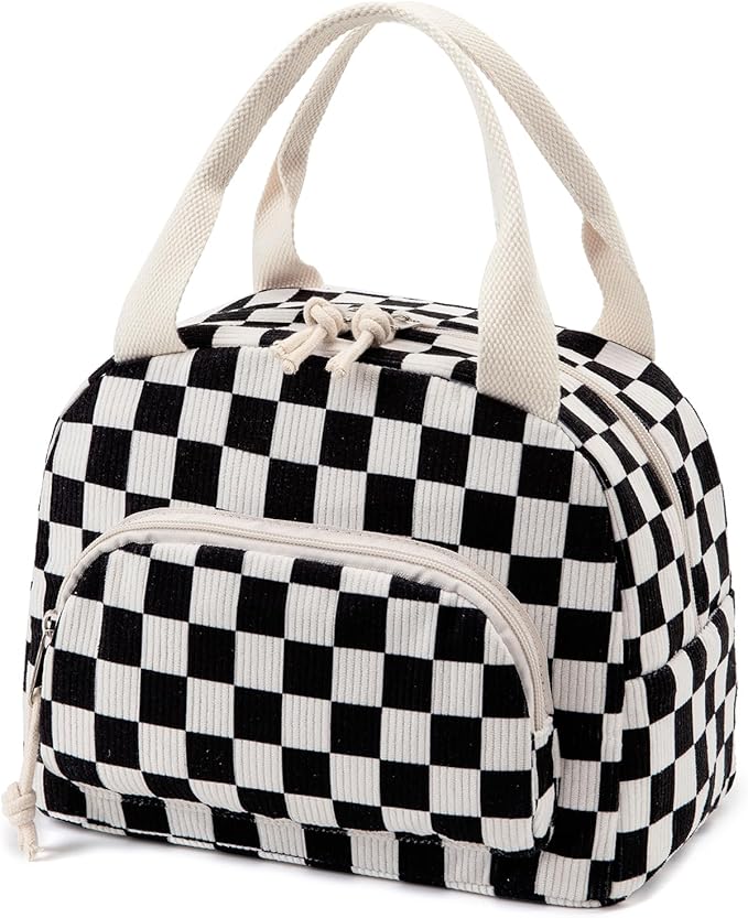 Lunch Bag Women Lunch Box for Women Adult Cute Insulated Lunch Bag Small Cooler Lunch Tote Bags for Work Picnic School (Black-White Plaid)
