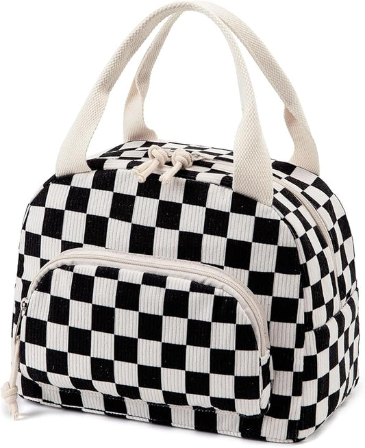 Lunch Bag Women Lunch Box for Women Adult Cute Insulated Lunch Bag Small Cooler Lunch Tote Bags for Work Picnic School (Black-White Plaid)