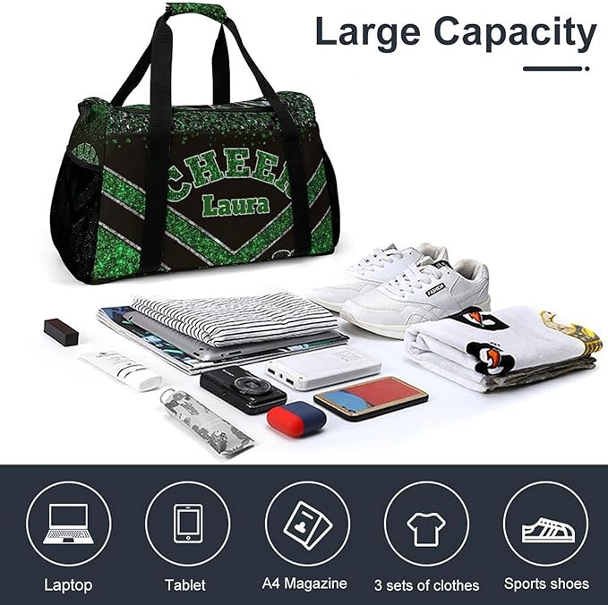 Personalized Cheer Bag Gifts for Girls Sport Cheerleading Gym Travel Duffel Bag Overnight Weekender Bags with Name (Green)