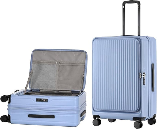 26 Inch Top Opening Expandable Checked Travel Luggage with Spinner Wheels,All PC Hard Shell Hardside Lightweight Medium Suitcase with TSA Approved Cup Holder for Business Trips Woman Men,Blue