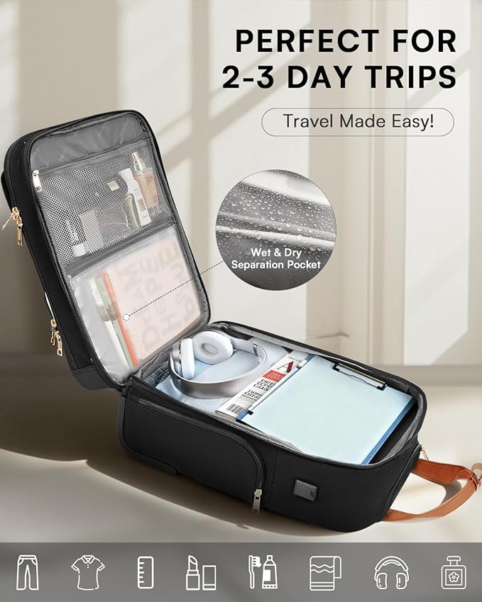 Underseat Carry On Luggage with Wheels, Airline Approved Personal Item Luggage, 16-Inch Multi-functional Underseat Luggage, Lightweight Overnight Suitcase for Women, Bussiness, Travel, Beige Brown