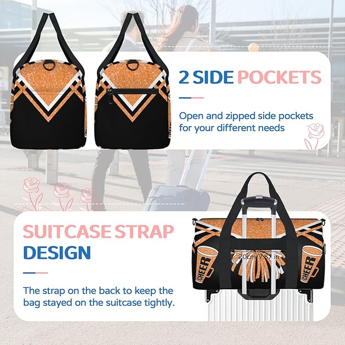 Custom Sports Cheer Gym Bag for Women Teens, Orange Glitters Black Cheerleading Theme Personalized Travel Overnight Small Duffel Gymnastics Swimming Sleepover Overnight Sports Bag