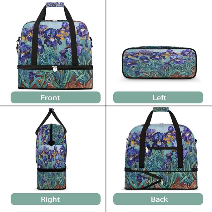 Purple Flowers Green Leaves Large Weekender Bag with Shoe Compartment Travel Duffel Bags for Women Carry On Hospital Overnight Bag Foldable Personal Item Travel Bags Tote Gym Sports Airplanes