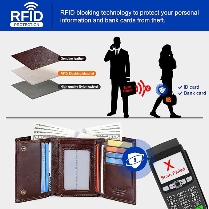 Trifold Mens Wallet with Chain, Genuine Leather Wallet RFID Blocking Anti-Theft Chain for Biker