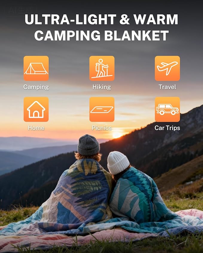 Gonex Camping Blanket with Aero-Warmth Tech Layer, Puffy Printed Packable Blanket Ultralight & Warm Wearable Water-Resistant Quilt for Outdoor, Camping, Hiking, Travel, Picnics 79" X 55"(Desert)