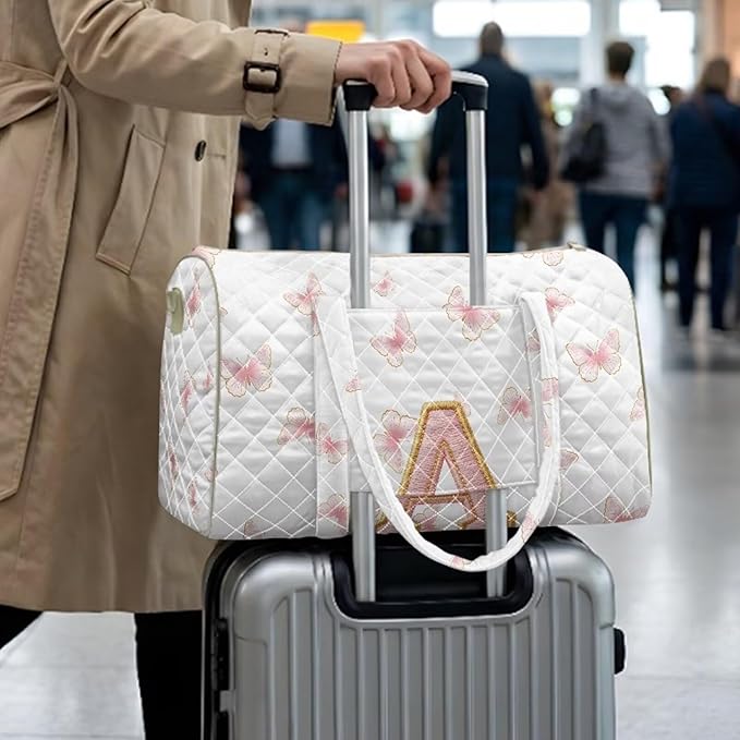 COEQINE Quilted Duffel Bag Pink Floral Initial Name A-Z Personal Item Travel Bag for Women Purses Quilted Tote Bag For Woman With Zipper and Trolley Sleeve