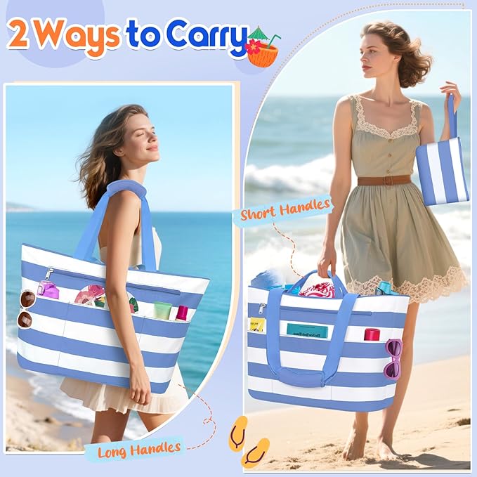 BKNOOU Extra Large Beach Bags Waterproof Sandproof XL Beach Tote Bag for Women Zipper Foldable Swim Pool Bag with Wet Pocket