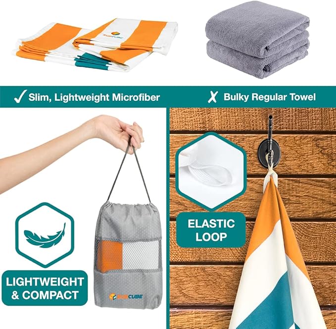 SUN CUBE Microfiber Beach Towel, Quick Dry Sand Free Beach Towel, Lightweight Compact Travel Swim Towel for Pool, Camping, Sand Resistant Packable Adult Towel - Orange 60x30 Inches