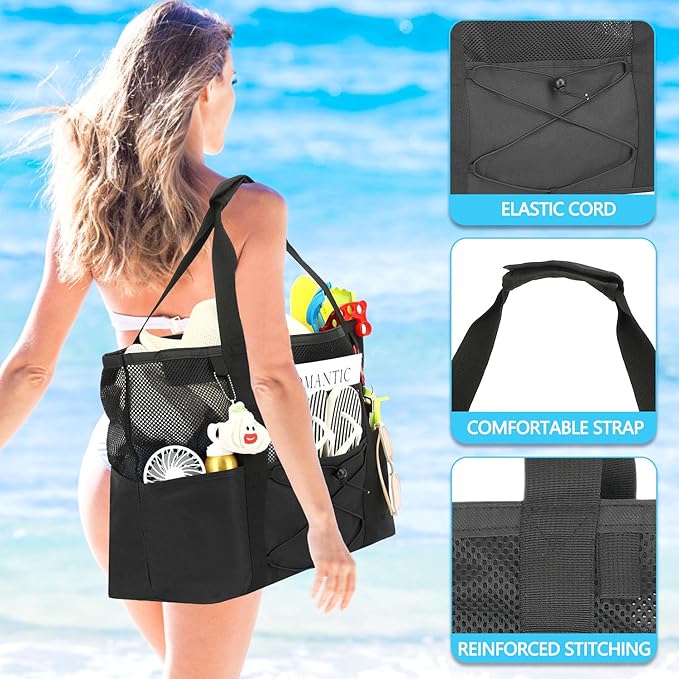 Mesh Beach Bag, Large Beach Tote with Zipper Pocket, Toys Pool Bag for Family Travel Vacation Cruise Essentials