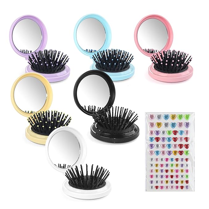 6 Colors Foldable Mirror Hairbrush, 2 in 1 Compact Pocket Mirror Comb in Bulk, with DIY Stickers, Travel Mini Hairbrush Makeup Mirror for Women Girls (24-PACK)